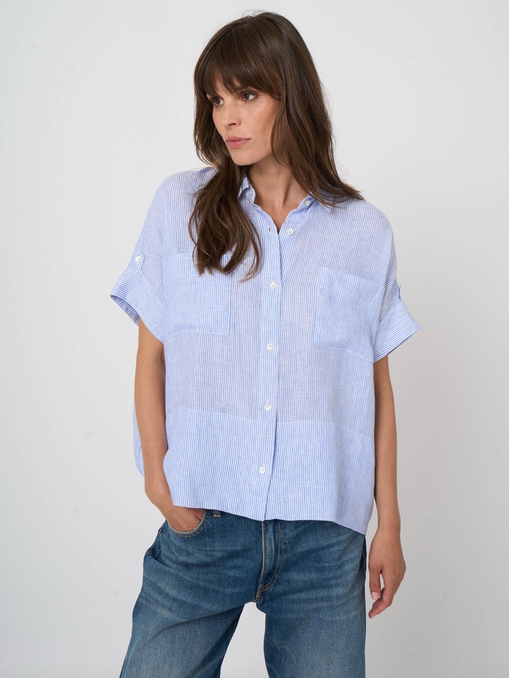 Repeat Pure Linen Striped Boxy Blouse Small 38